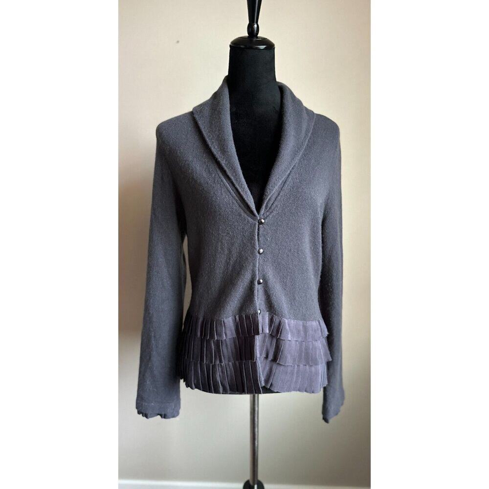 BLOOMINGDALES Grey Ruffled Rolled Collar 100% Cashmere Cardigan Size M